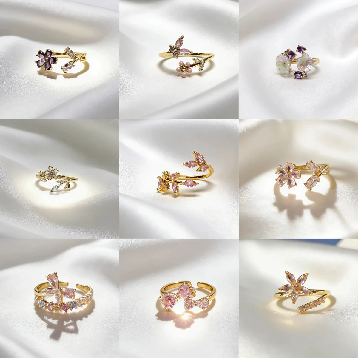 Korean CZ Sweet Crystal Zircon Heart Ring For Women Exquisite Shell Flower Opening Finger Rings Princess Wedding Jewelry