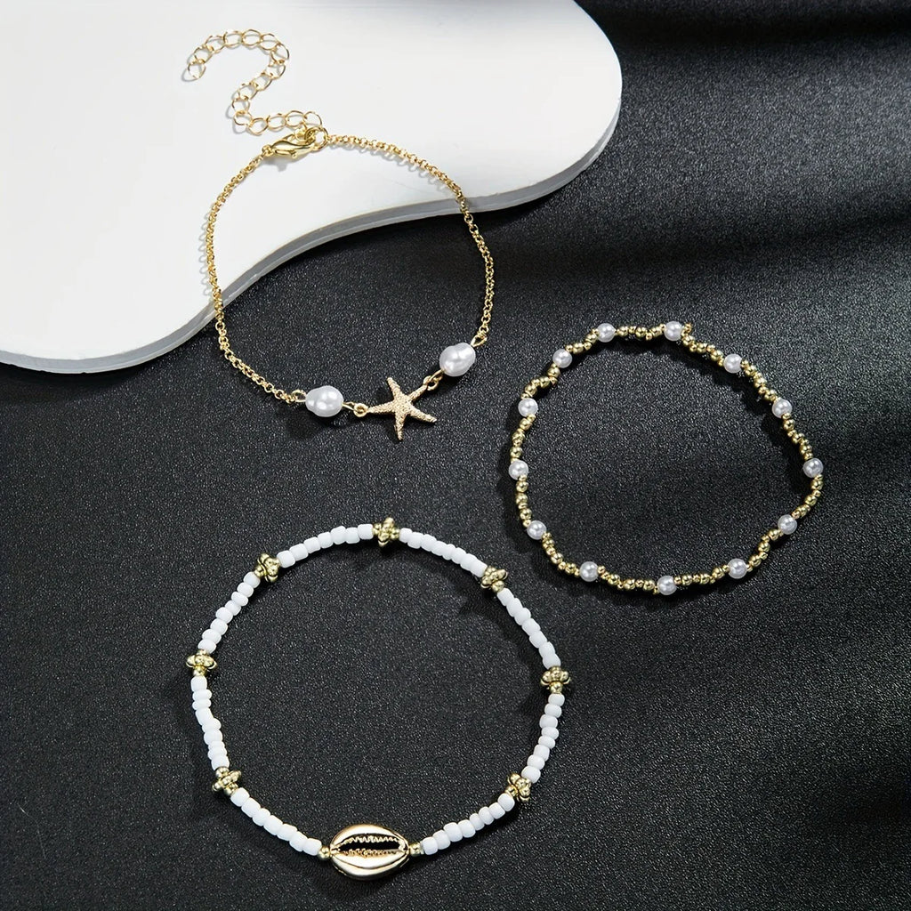 Women's Bohemian Style Beach Vacation Ankle Chains Three-Layer Foot Accessories with Rice Pearls Seashells And Starfish
