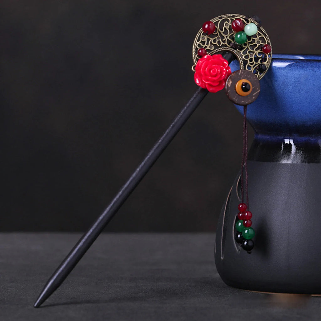 Ethnic Style Hairpin Chinese Hair Stick For Women Tassel Wooden Hair Clasp Chopstick Vinatge Tiara Pearl Floral Hair Bun Jewelry