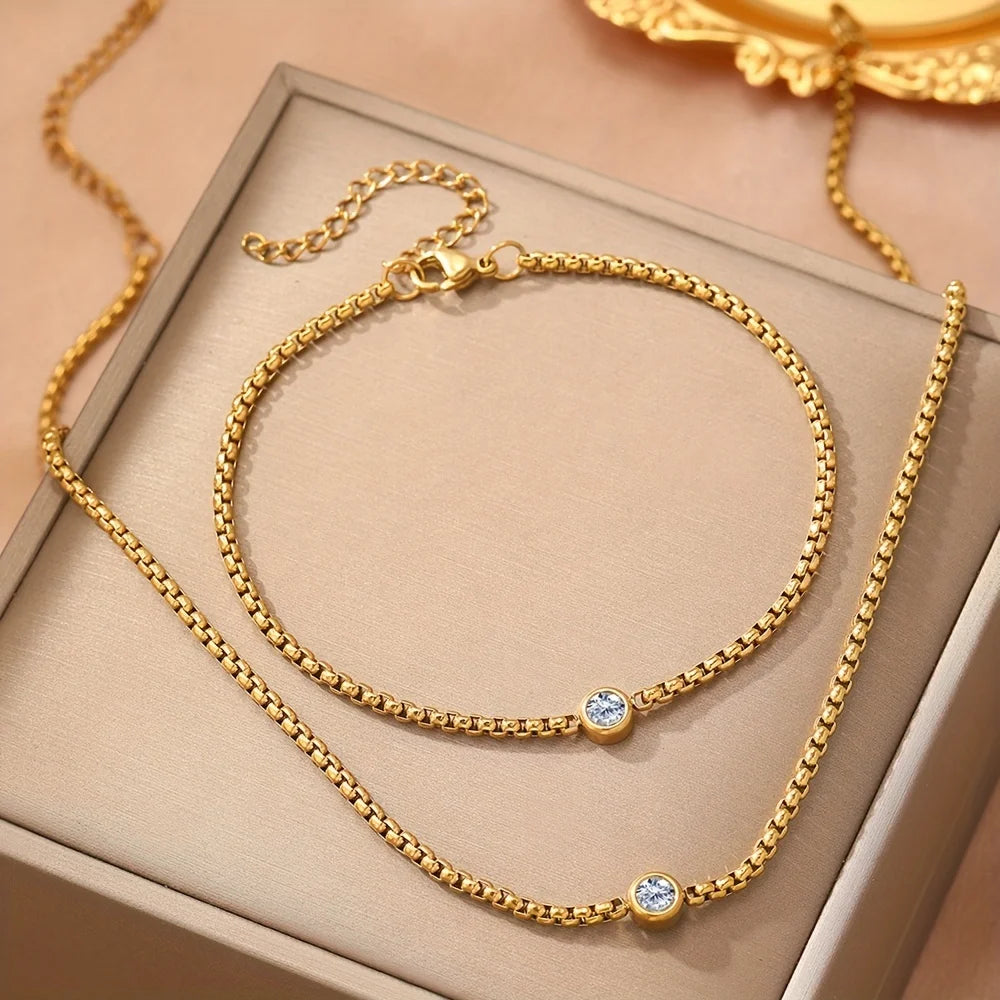 LUXUKISSKIDS Fashion Cubic Love Heart Minimalist Jewelry Set Necklace Earrings Bracelets Stainless Steel Women Party Accessories
