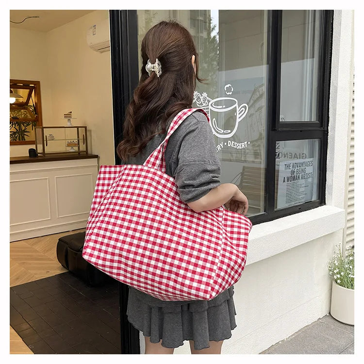 Large Capacity Plaid Women's Canvas Shoulder Bags Simple Commuter Female Shopping Bag College Girls Book Tote Travel Handbags