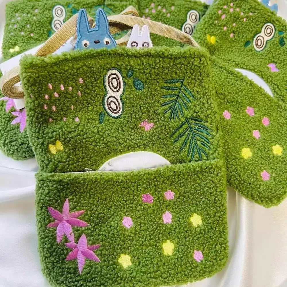 Lamb Wool Embroidered Lamb Bag Green Cartoon One-Shoulder Handbag Square Shape Foldable Mobile Phone Bag Casual Occasions
