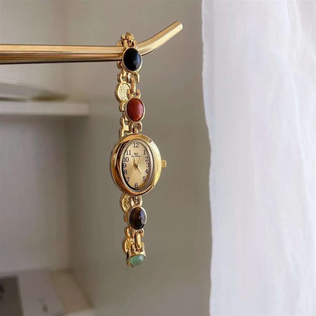 Luxury Vintage Quartz Women's Watches Fashion Natural Green Jade Bracelet Clock Numerals Small Oval Dial Watch Woman Accesories