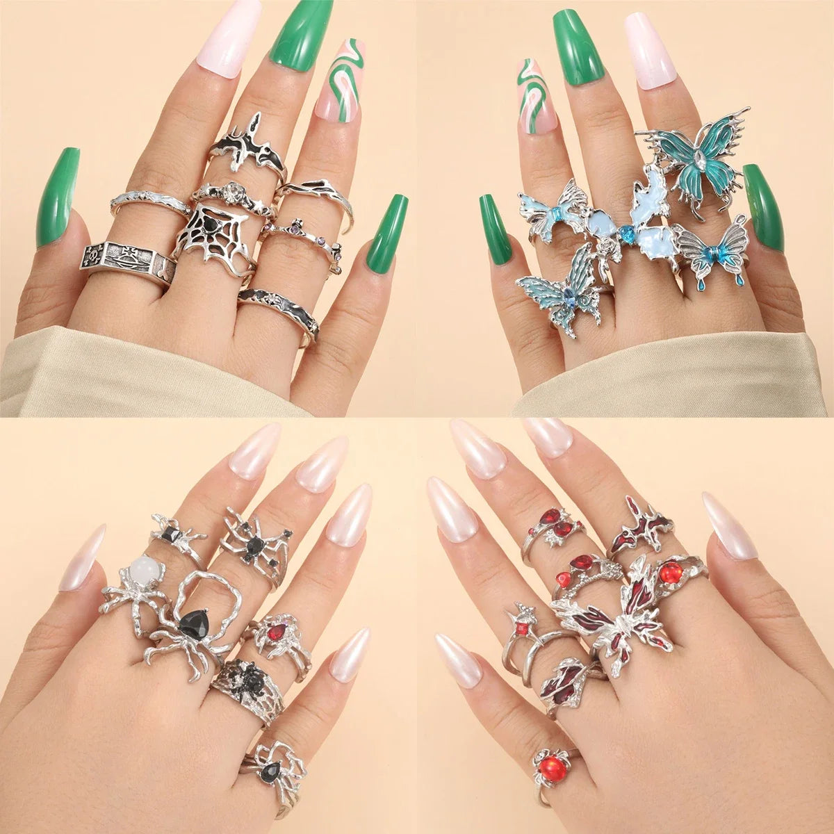 LATS 8pcs Irregular Red Crystal Heart Aesthetic Rings for Women Y2K Gothic Butterfly Spider Ring Creative Jewelry Accessories