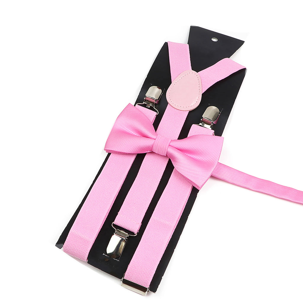 Fashion Men Kids Pink Suspender Bowtie Sets Elastic Romantic Solid Color Y-back Straps Butterfly Father Son Shirt Accessories