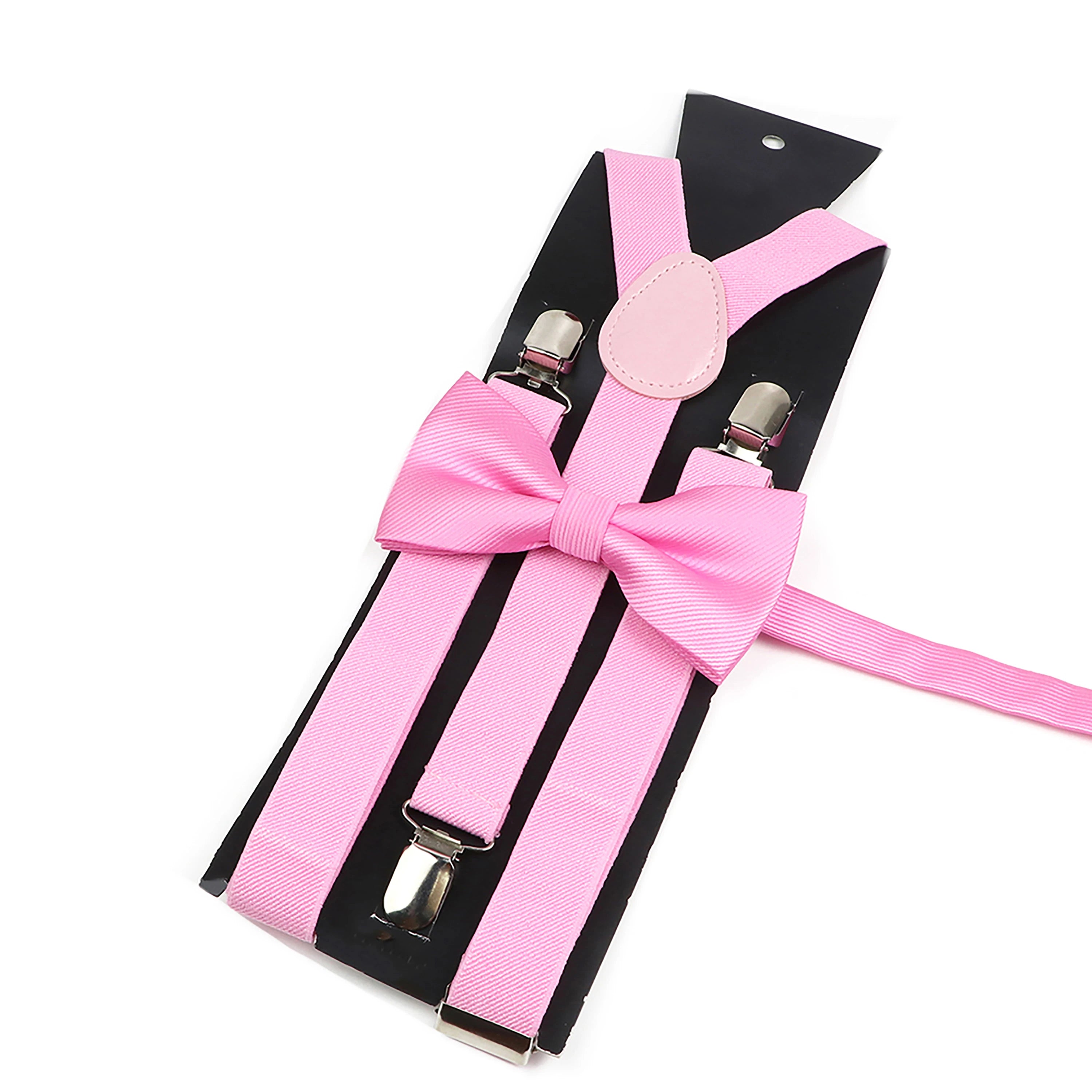 Fashion Men Kids Pink Suspender Bowtie Sets Elastic Romantic Solid Color Y-back Straps Butterfly Father Son Shirt Accessories