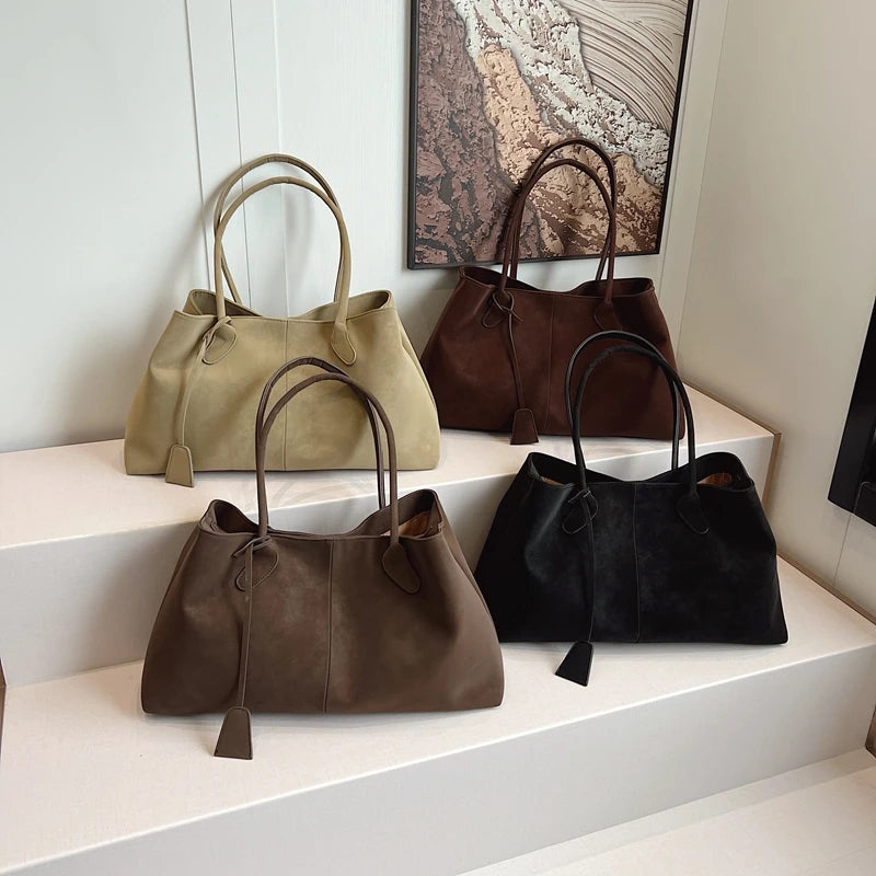 MOODS Retro Shoulder Tote Bags For Women Faux Suede Pure Color Big Capacity Shopper Simple Fashion Designer Handbags Luxury 2025