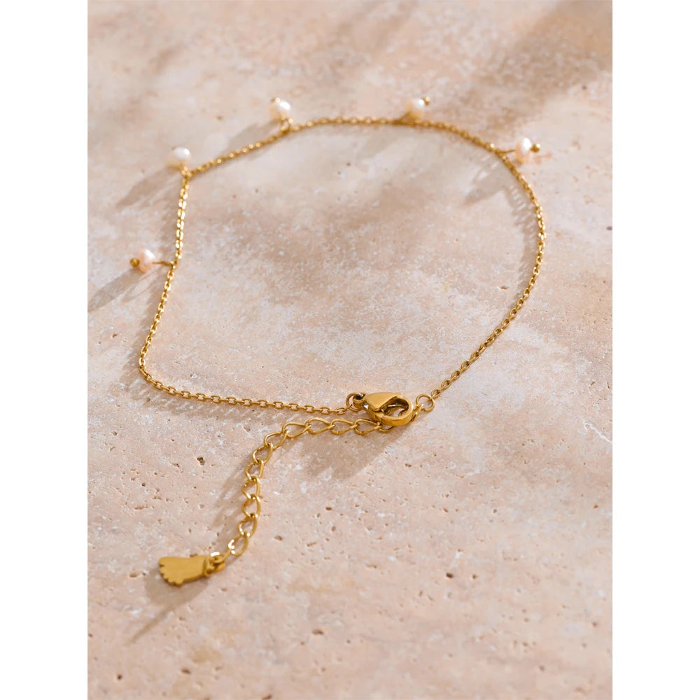 Yhpup Summer Arrival Natural Pearls Drop Chain Foot Accessories Anklet for Women Waterproof Sandy Beach Stainless Steel Jewelry