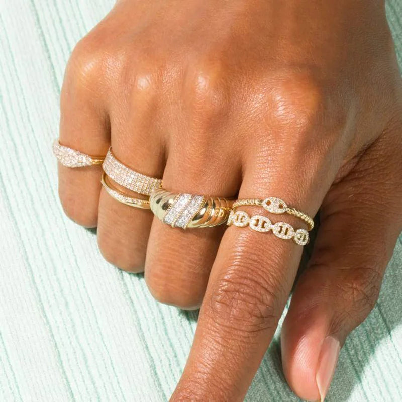 Hip Hop Link Ring for Women Gold Color Micro-inlaid Zircon Stacking Rings Female Jewelry Fashion Punk Accessories Wholesale R720