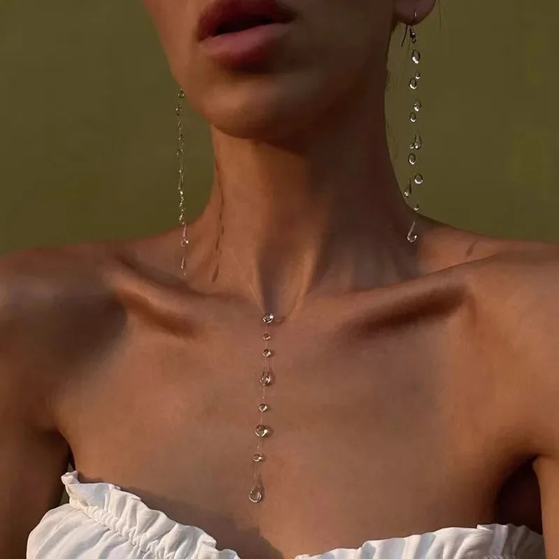 Simple Transparent Water Drop Clavicle Chain Thin Rope Beaded Tassel Earrings Necklace Bracelet Women Niche Personalized Jewelry