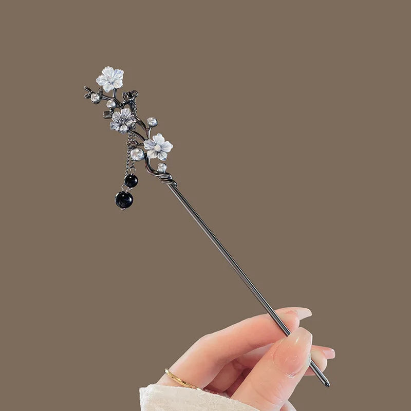Classic Metal Hair Stick With Ink Flower Chinese Hanfu Hair Accessories Pearl Tassel Hairpin Cheongsam Decor Hair Bun Jewelry