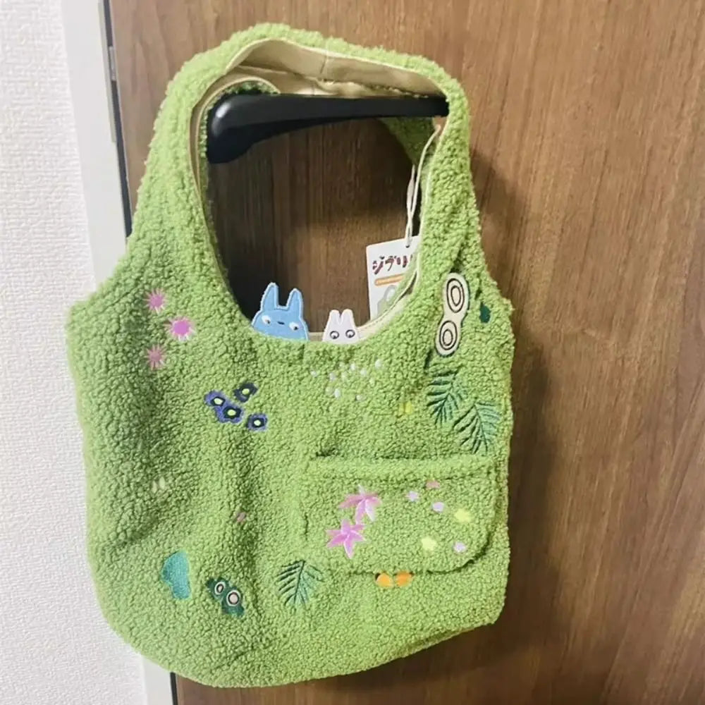 Lamb Wool Embroidered Lamb Bag Green Cartoon One-Shoulder Handbag Square Shape Foldable Mobile Phone Bag Casual Occasions