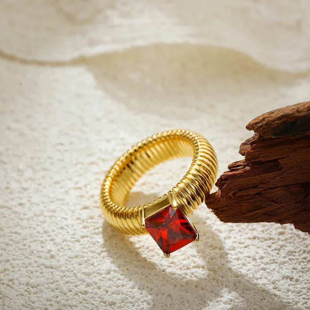 18K Gold Plated Waterproof Multi-color Crystal Chunky Striped Texture Rings Delicate Shiny Square Zircon Wed Ring Punk Jewelry