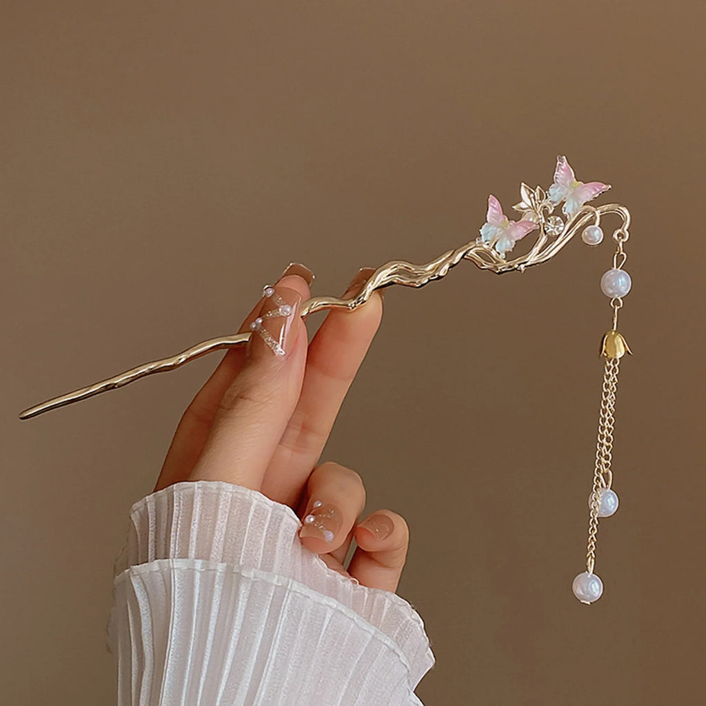 Ink Flower Tassel Hair Stick For Women Chinese Hanfu Hair Accessories Classic Cheongsam Decor Hairpin Retro Metal Hair Jewelry