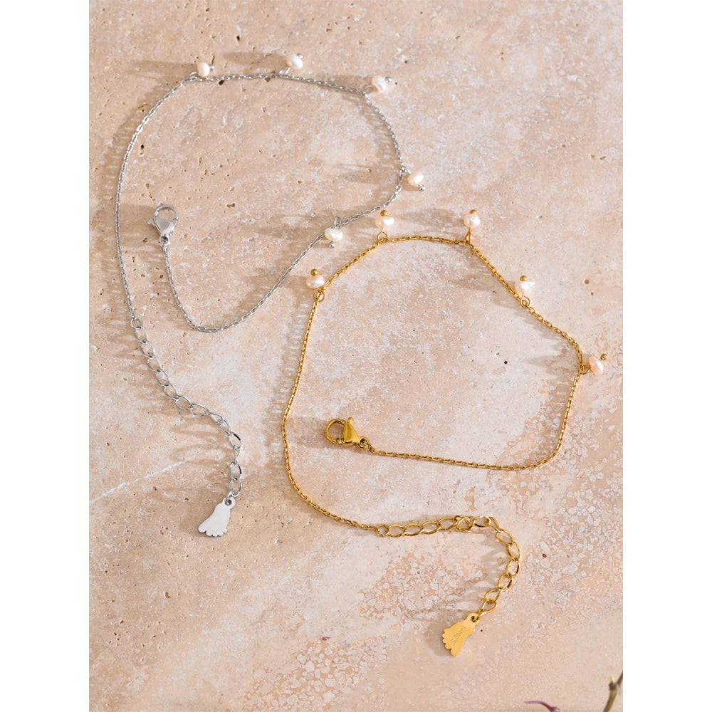 Yhpup Summer Arrival Natural Pearls Drop Chain Foot Accessories Anklet for Women Waterproof Sandy Beach Stainless Steel Jewelry
