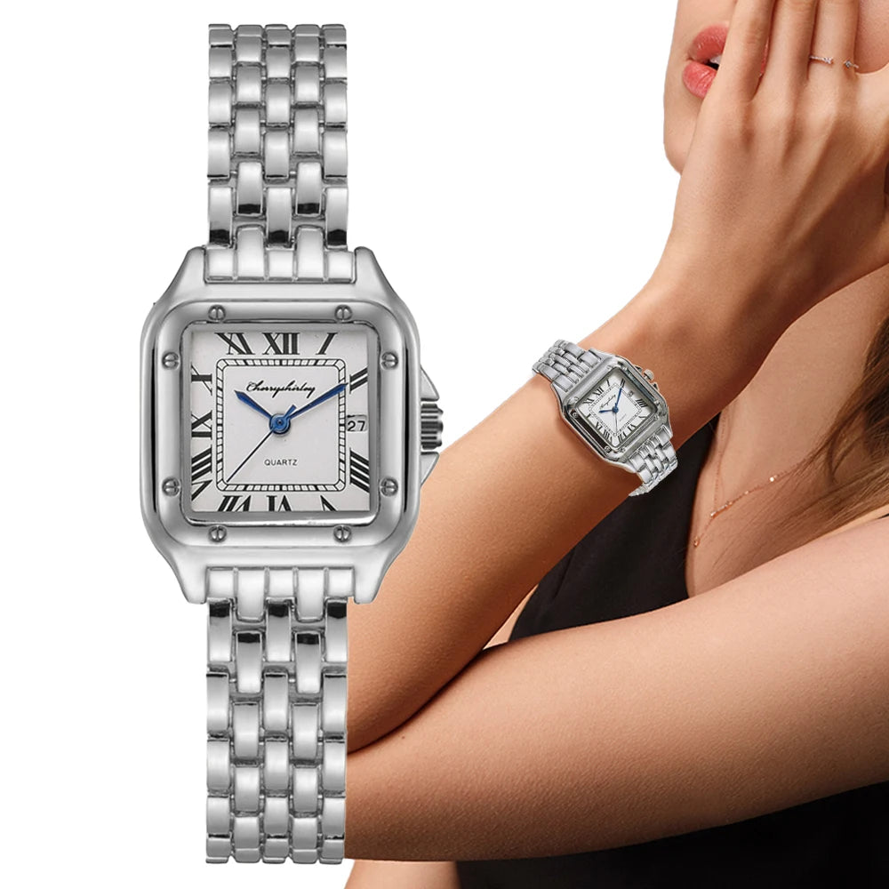 Luxury Branded Women Watches 2025 Simple Square Roman Calendar Women Quartz Watch Fashion Stainless Steel Strap Ladies Clock