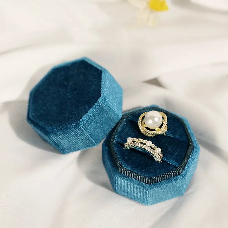 Vintage Octagon Square Velvet Single&Double Ring Box With Detachable Lid Earrings Proposal Wedding Ring Pendant Storage Box