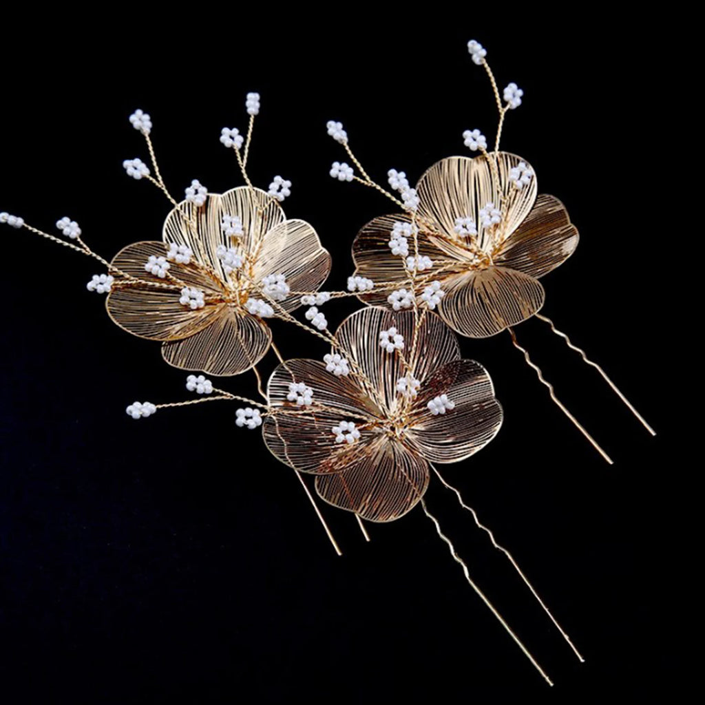 3 Pcs Pearl Hairpins Bridal Headpiece Handmade Silver/Gold Color Wedding Hair Pins Party Hair Accessories for Women and Girls