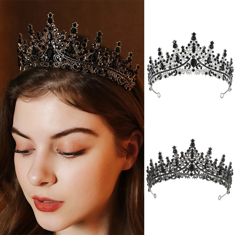 Black Crowns For Women Baroque Rhinestone Crown Tiara Halloween Hair Jewelry Accessories Party Headpieces Gift for Friend