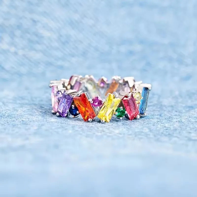 New Irregualr Design Colorful CZ Women Rings Gold Color/Silver Color Geometric CZ Rainbow Rings Luxury Trendy Exquisite Jewelry