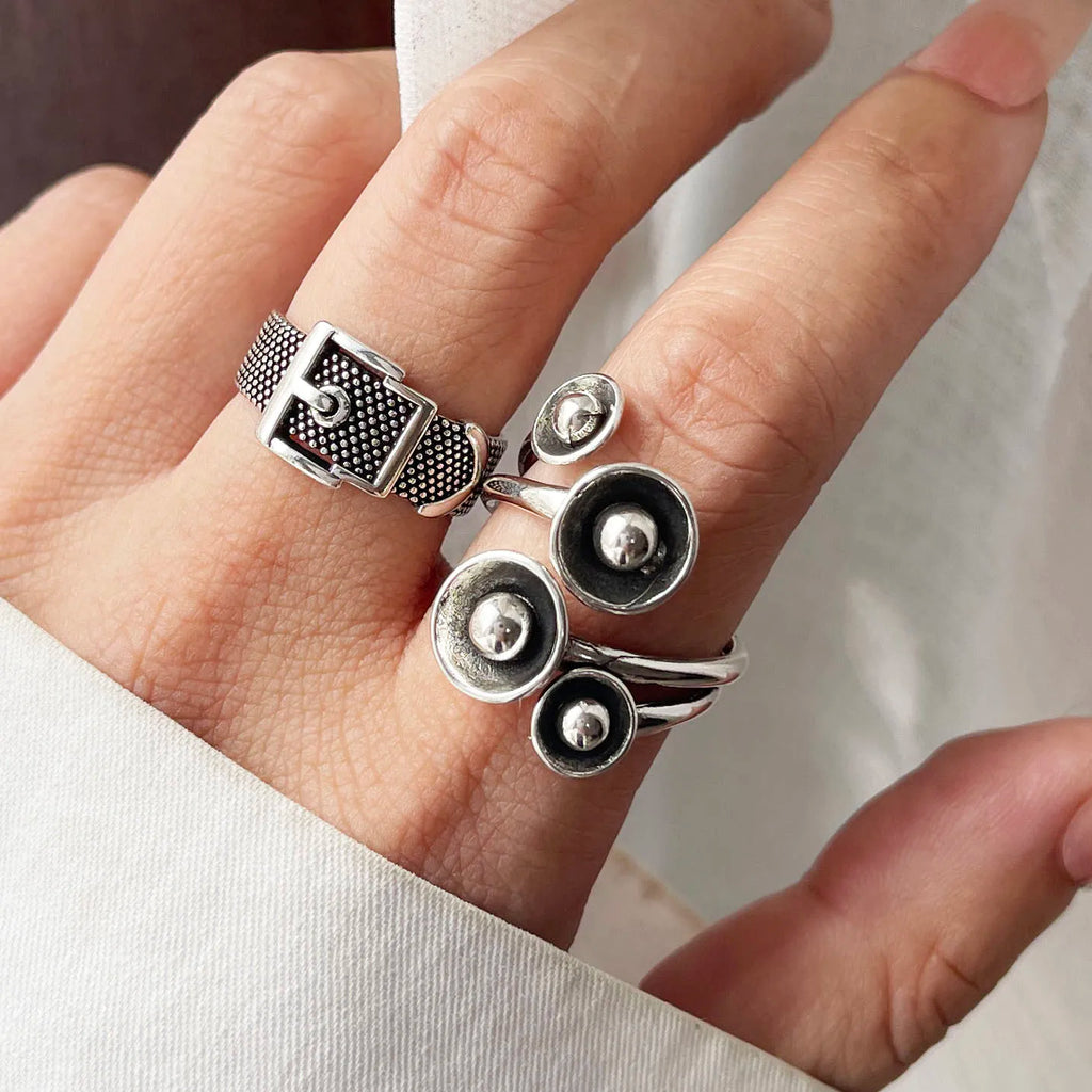 925 Sterling Silver Rings For Women Geometric Fine Jewelry Finger Adjustable Simple Retro Flower Ring For Party Birthday Gift
