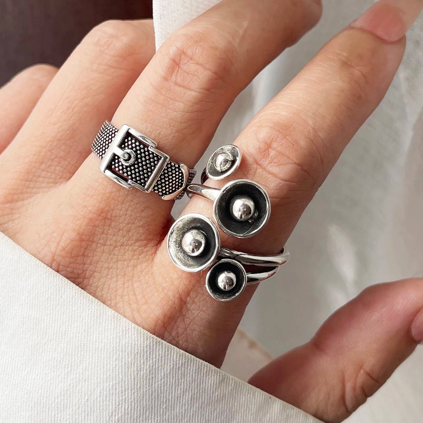 925 Sterling Silver Rings For Women Geometric Fine Jewelry Finger Adjustable Simple Retro Flower Ring For Party Birthday Gift