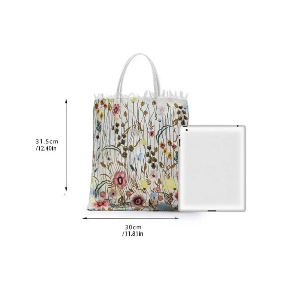 Simple Camellia Flower Embroidery Cloth Bag Lace Large Capacity Canvas Shoulder Bag Handbag Cosmetic Bag Ethnic Style Bag Girls
