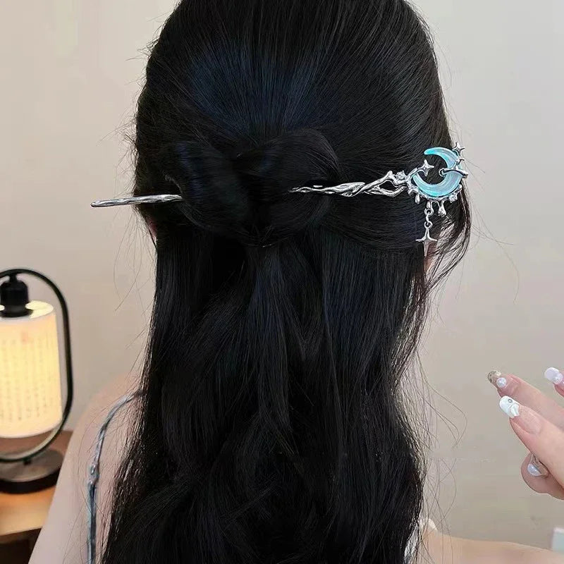 Romantic Moonstone Star Moon Hair Stick Metal Branch Hairpin Fork Chinese Style Hair Accessories for Girls Jewelry