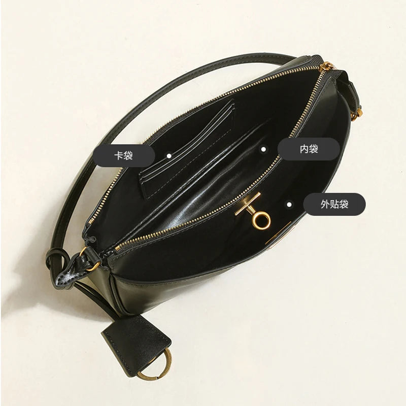 2026 Spring New Luxury Brand Women Shoulder Bags Split Leather Black Handbags Women Fashion Gold Buckle Underarm Bags