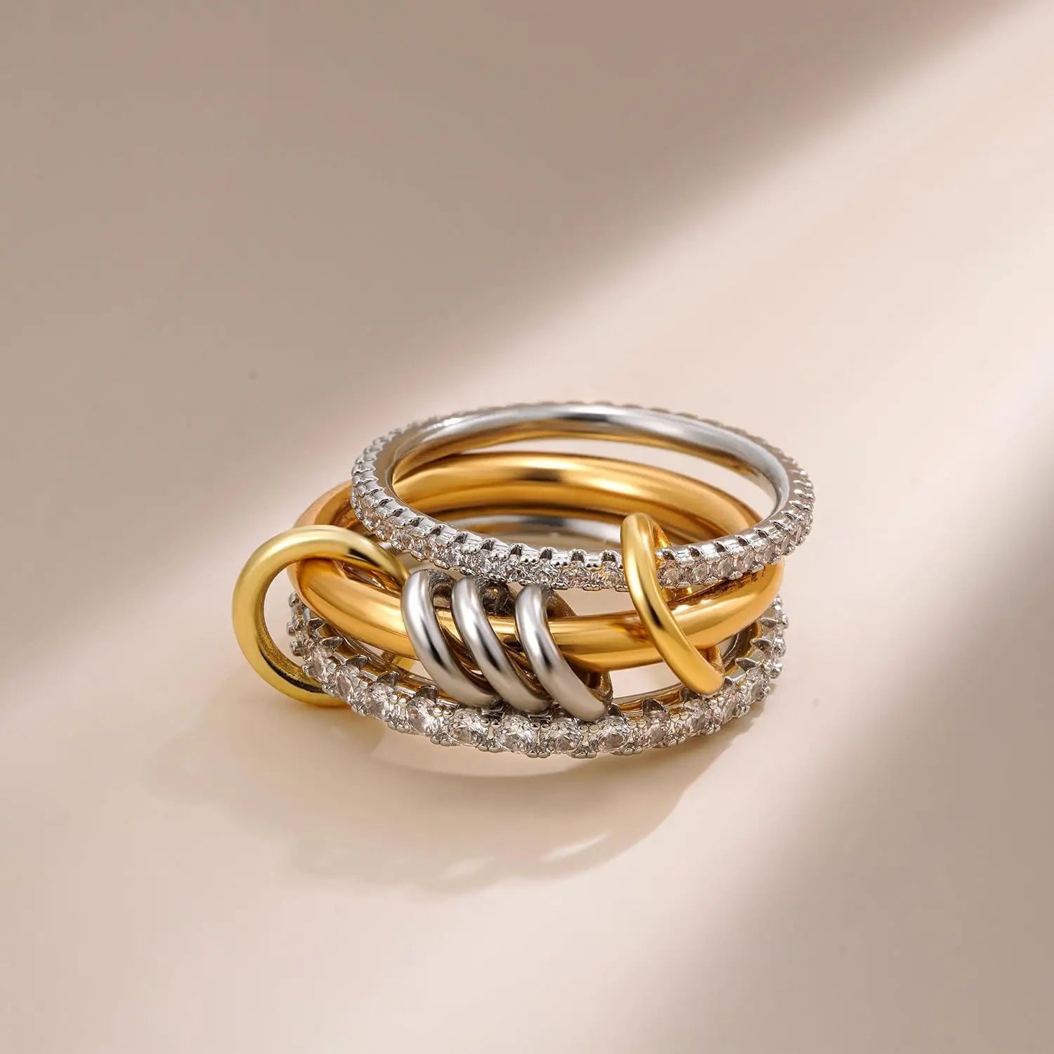 New Stainless Steel Cubic Zirconia Stackable Rings for Women 18k GoldPlating Multi-Link Connected Statement Ring Stack Jewelry