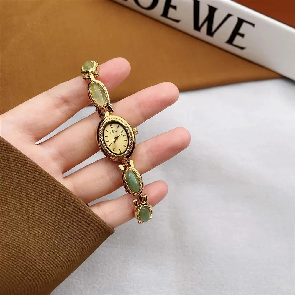 Women's Gold Watch Vintage Brown Jade Bracelet Small Dial Quartz Daily Wear Party Clock Luxury Waterproof Ladies Watches Gifts