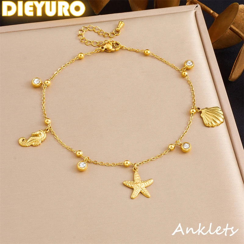 DIEYURO 316L Stainless Steel Classical Elements Starfish Seahorse Shell Pendant Anklets Women Fashion And Leisure Foot Chain