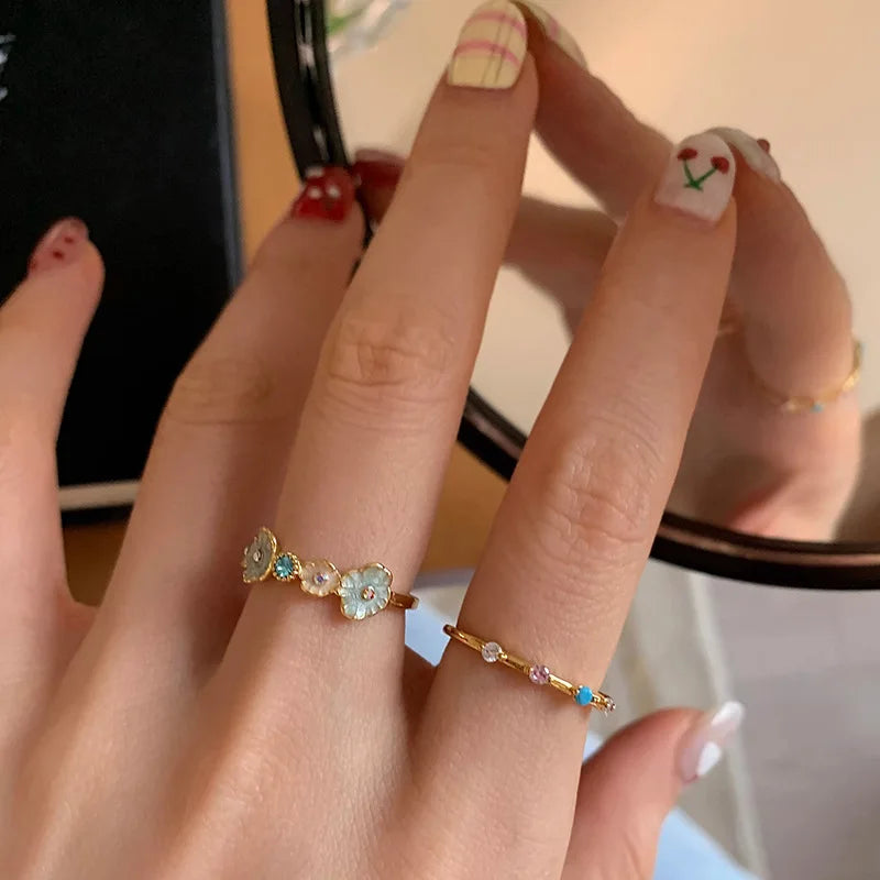 PANJBJ 925 Sterling Silver Golden Flower Rings For Women Drip Glaze Plant Irregular Adjustable Sweet Jewelry Gift Dropshipping