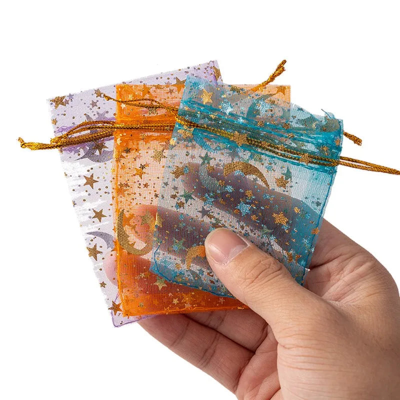 50pcs Mixed Color Moon Star Organza Bags Jewelry Candy Pouch Drawstring For Small Businesses Party Favors Packaging Supplies