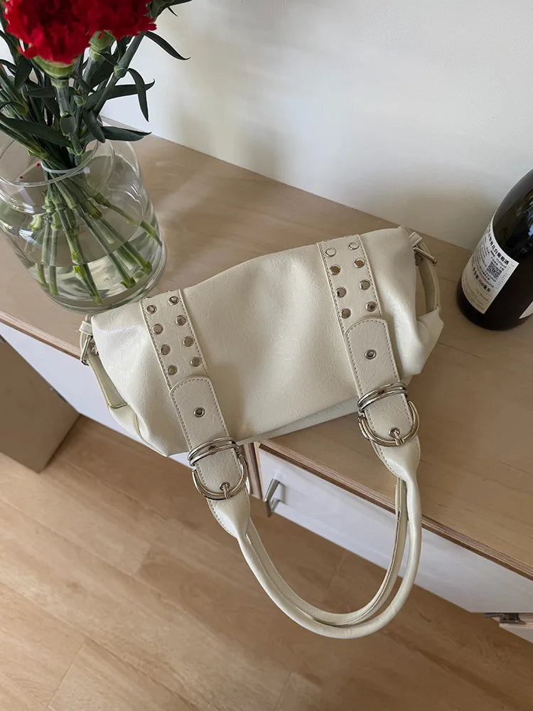 Fashion Rivet Women Shoulder Bag PU Leather Hot Girl Motorcycle Bag Bolsa Feminina Female Underarm Bag Ladies Big Handbag Black