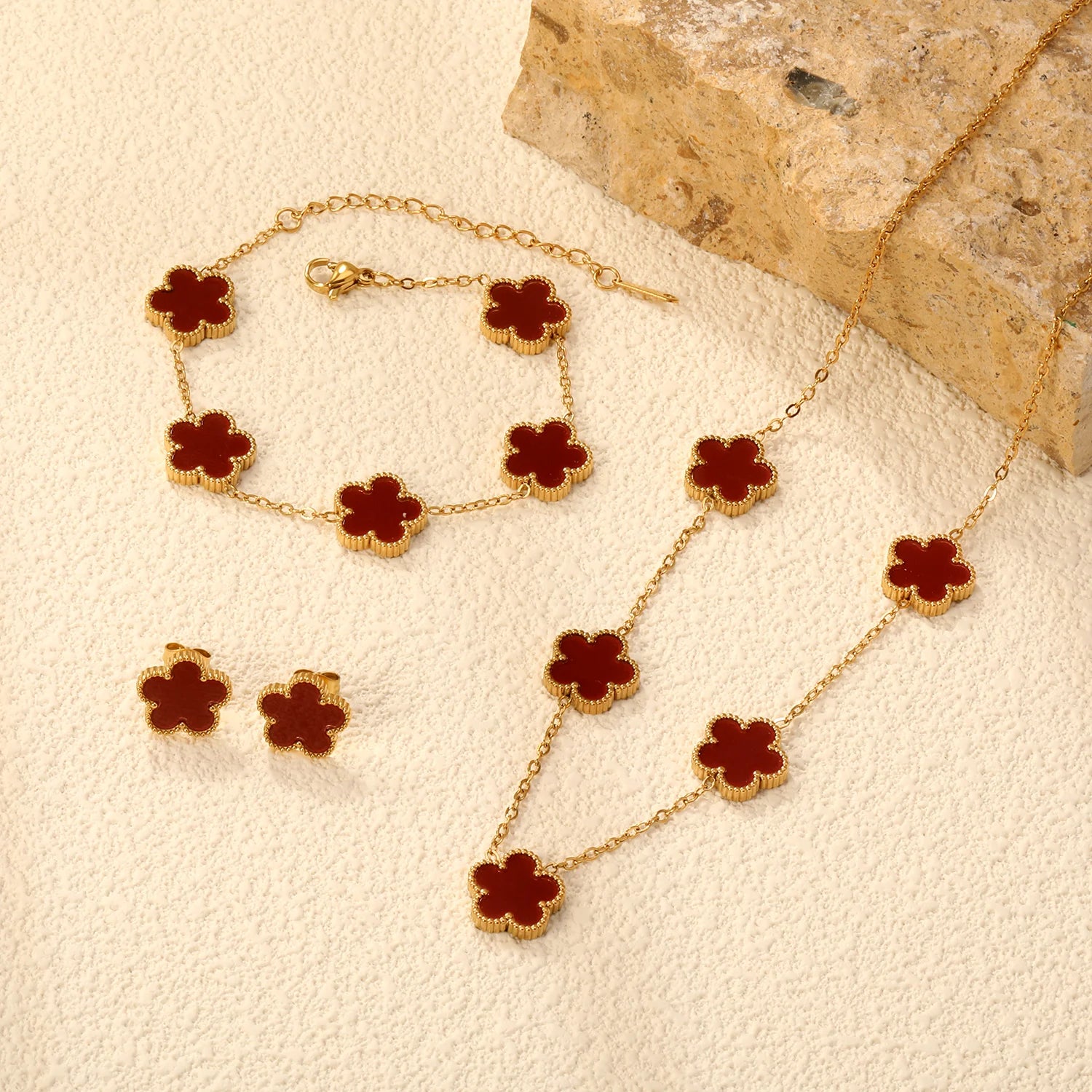 LUXUKISSKIDS Fashion Flower Necklace Earrings Set Jewelry Women Stainless Steel White Shell Clover Bracelet Jewelry Accessories