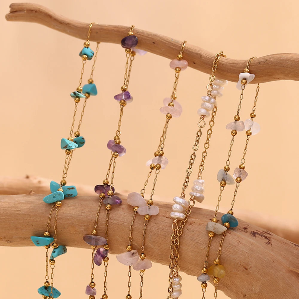 E.B.belle Natural Crushed Stone Handmade Foot Chains 18K Gold Plated Jewelry 316L Stainless Steel Bracelet for Women