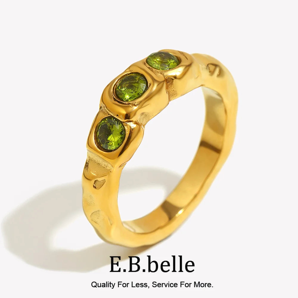 E.B.belle New Vintage Style Three Green Zircon Ring PVD Plated 316L Stainless Steel Simple Women Statement Finger Chic Jewelry