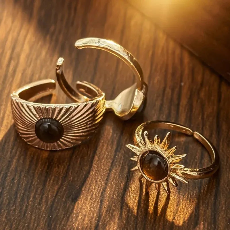 Retro Brown Stone Rings for Women Girls Sun Irregular Gold Color Aesthetic Rings Opening Adjustable Ring Fashion Jewelry Gifts