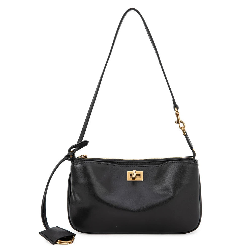 2026 Spring New Luxury Brand Women Shoulder Bags Split Leather Black Handbags Women Fashion Gold Buckle Underarm Bags