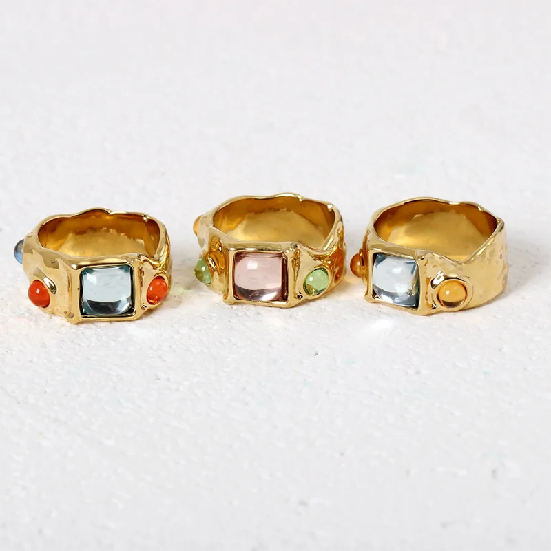 New Punk Tide Individuality Retro Geometric Hollowing Inlay Gem Rings SetLiquid State Metal Three-Piece Rings Set Paty Jewelry
