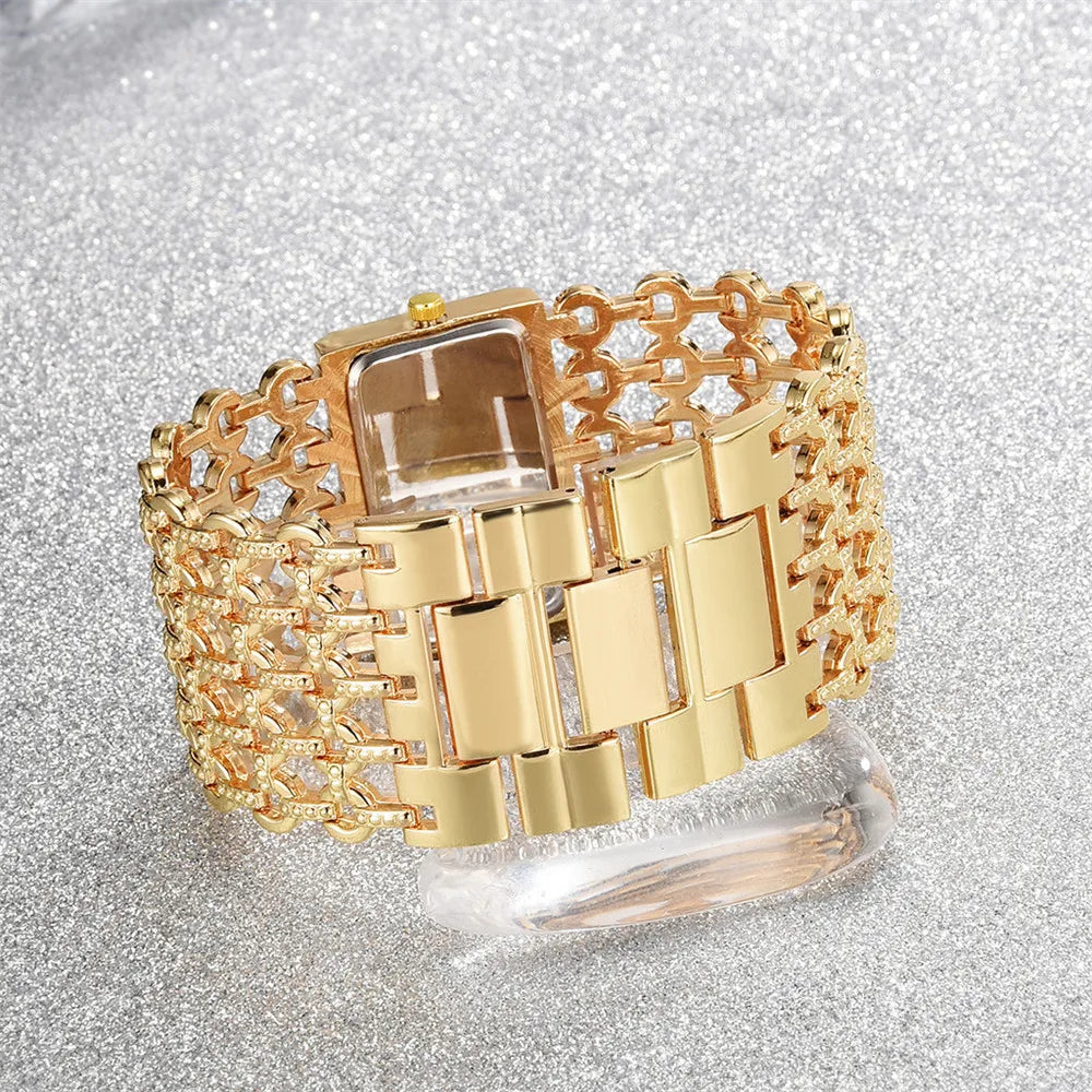 UTHAI Ladies' Watch Square Diamond Set Quartz Watch Fashion Casual Gold Stainless Steel Wristband Women's Watch