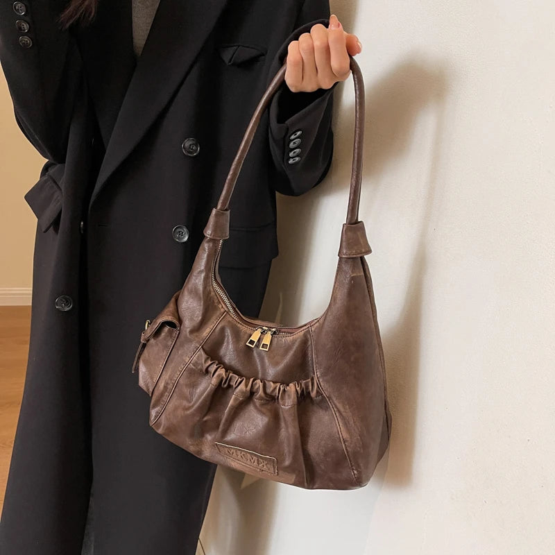 Distressed Vintage Shoulder Bags For Women Pleated Design Large Capacity Retro Hobo Bag 2024 Winter New Designer Handbags Luxury