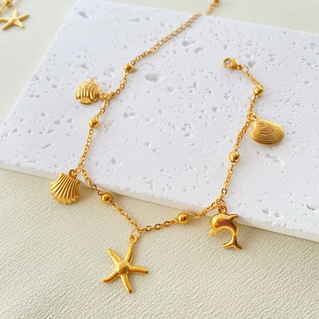 New Stainless Steel Link Cable Chain Anklet Gold Color Marine Animal Dolphin.Starfish For Women Beach 21cm(8 2/8") Long, 1 Piece