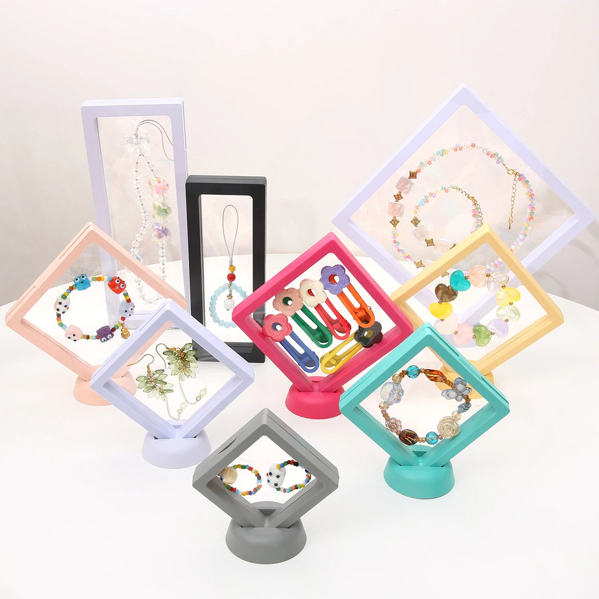 PE Film Colorful Jewelry Storage Box 3D Packaging Case Gemstone Free Stand Floating Frame Membrane Ring Earring Necklace Display