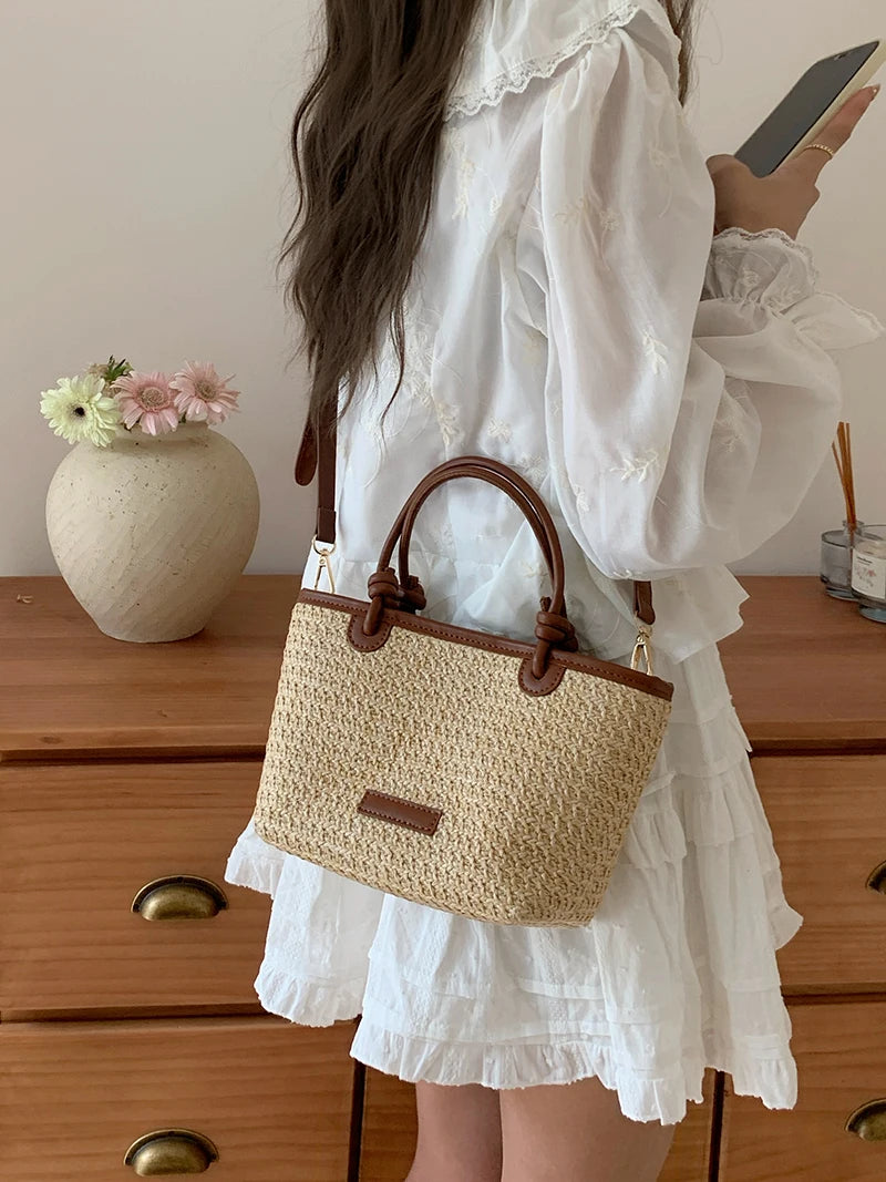 Summer Vacation Women's Beach Straw Shoulder Bag Retro Design Ladies Portable Crossbody Bags Knot Basket Woven Tote Handbags