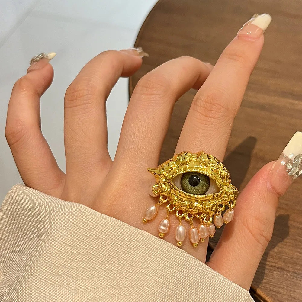 Aesthetic Vintage Devil's Eye Ring Tassels Imitated Pearl Glaze Ring Trendy Delicate Opening Finger Ring Party Favors