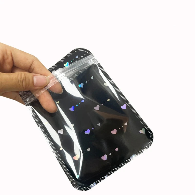 50pcs Black White Laser Heart Zipper Bags Jewelry Pouch For Bead Product Small Business Entrepreneurship Packing Material Supply