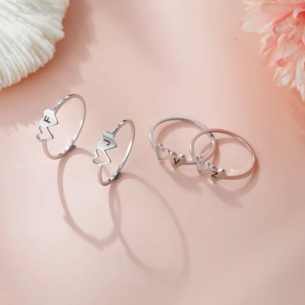 COOLTIME Initial Letter Ring for Women Stainless Steel A-Z Alphabet Double Heart Rings Simple Wedding Cheap Gift For Lover