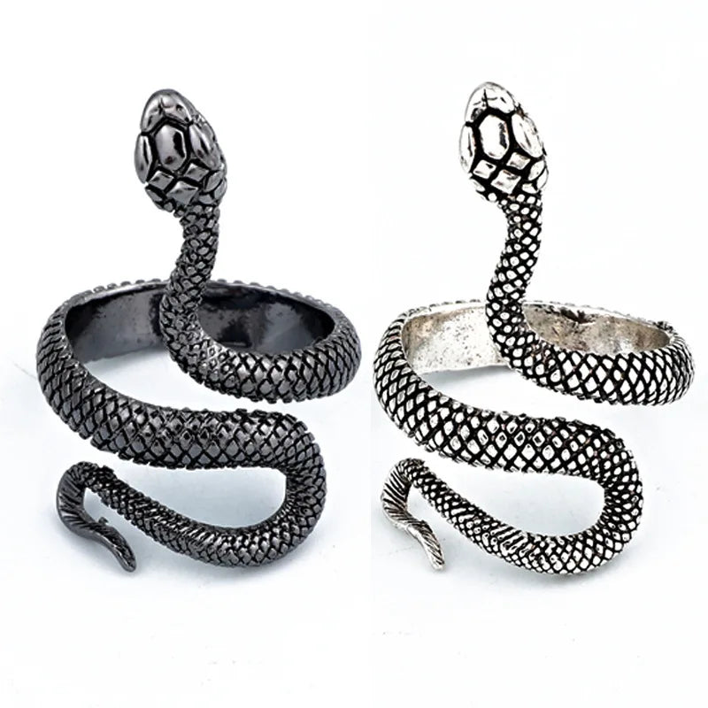 Retro Snake Python Ring For Men Women Silver Color Punk Gothic Alloy Open Ring Handmade Designer Jewelry Unisex Accessories Gift